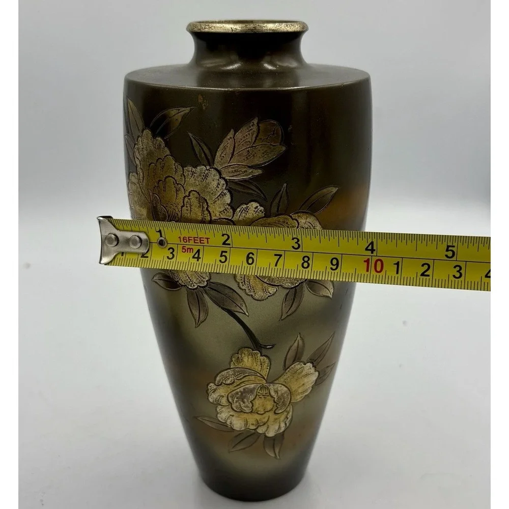 Pair Antique Japanese Brass Vases Signed‎ Ryubun 龍文 Gilt Floral Design 8